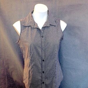 12P TALBOTS CRISP BLACK & WHITE CHECK SLEEVELESS V-NECK COLLARED BUTTON …